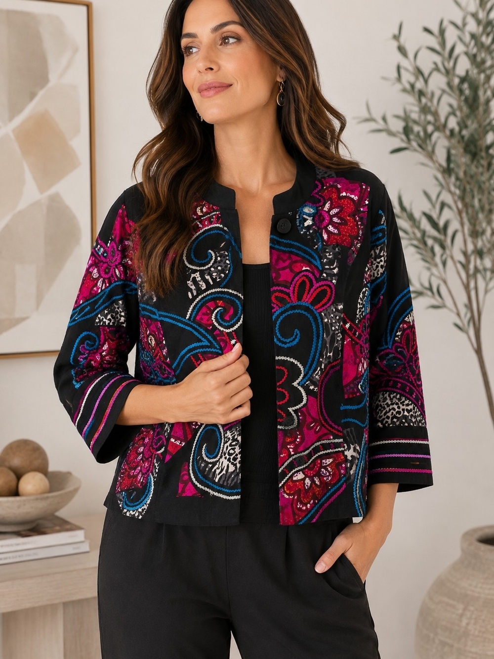 Choices Embroidered Boho Patchwork Jacket XL Colorful Artsy Statement Open Front